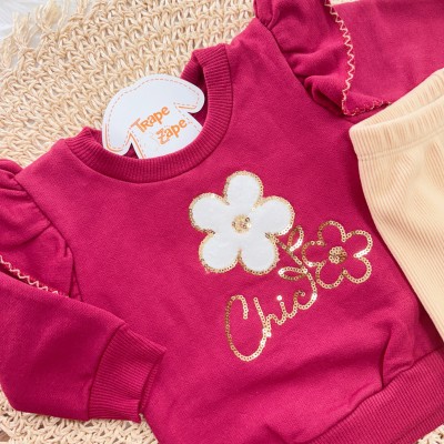 Conj. Casaco de Moletom Chic Flor e Calça Ribana em Plush - Bordo e Areia